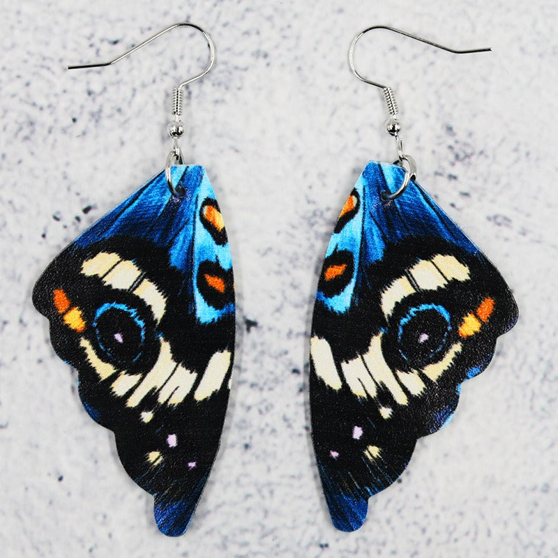 Wholesale Butterfly Leather Bionic Butterfly Wings Pattern Symmetrical Double-Sided Printed Earrings